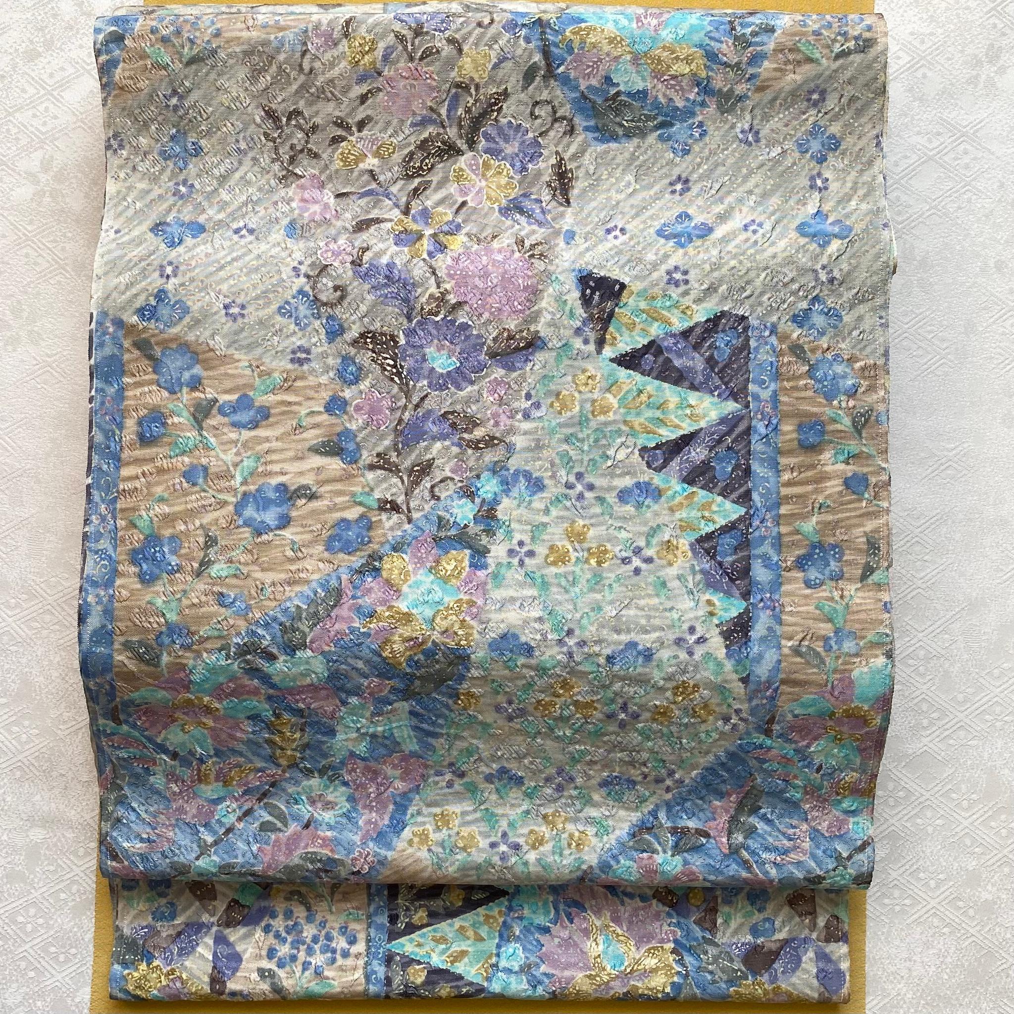 《未仕立て》手染め摺型友禅ふくれ帯 全通京更紗柄【花】 | 2枚目